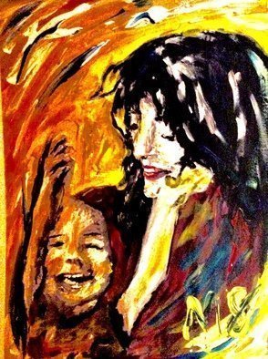 Mary Schwartz; Joy, 2021, Original Painting Acrylic, 11 x 14 inches. Artwork description: 241 Mother holding her child in a beam of sunlight...