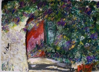 Mary Schwartz; Red Door, 2021, Original Painting Acrylic, 14 x 11 inches. Artwork description: 241 Mediterranean Doorway with Pendant Flowering Boughs...