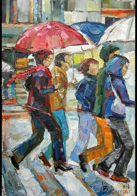 Natalia Bessonova; ORIGINAL OIL PAINTING  RA..., 2010, Original Painting Oil, 24 x 30 inches. Artwork description: 241  umbrellas, people, crowd, crossing street, NYC, New York, rain, city, cloudy, grey, contemporary, girl, man, men, heels, pedestrians, cross walk, rush, gloomy day, red, scarf, umbrella, glasses, knife art, painting, oil, morning, aftrenoon, buildings, original scene, rush hour, russian ...