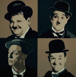 Peter Seminck; Silent Movie Heroes, 2020, Original Painting Acrylic, 39.4 x 39.4 inches. Artwork description: 241 Next in the graphical painting series.  Oliver HardyCharly ChaplinBuster KeatonStan Laurel...