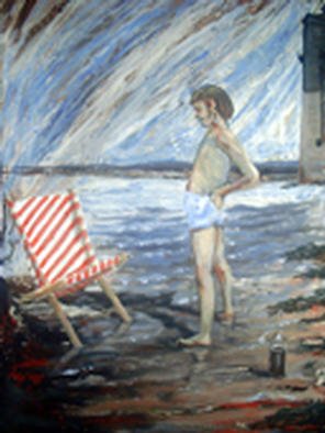 Roger Farr; Deckchair Puzzle , 2002, Original Painting Acrylic, 24 x 36 inches. Artwork description: 241 A young boy is relieved after a frustrating few minutes constructing his deckchair the right way round.  ...