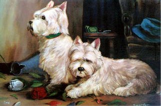 Roger Farr; Masters Return, 2002, Original Painting Oil, 24 x 18 inches. Artwork description: 241 Two west Highland Terriers await their masters return with anticipation after a minor misshap while playing!...