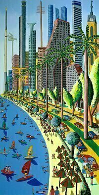 Raphael Perez; Cityscape Tel Aviv Painti..., 2015, Original Painting Acrylic, 100 x 200 cm. Artwork description: 241 A full interview with the Israeli painter Raphael Perez Hebrew name Rafi Peretz about the ideas behind the naive painting, resume, personal biography and curriculum vitaeQuestion Raphael Perez Tell us about your work process as a naive painterAnswer I choose the most iconic and famous ...