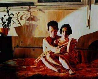 Raphael Perez  Israeli Painter , 'Couple In Bed', 1998, original Painting Oil, 170 x 140  cm. Artwork description: 3828 red room...