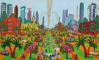 Raphael Perez  Israeli Painter , 'Folk Painter Naife Artist...', 2017, original Painting Acrylic, 200 x 120  cm. Artwork description: 2448 Tel Aviv is a city that never sleeps.  It is full of energy, culture, history, and diversity.  But there is another way to see the city, through the naive paintings of Raphael Perez.  He is an Israeli artist who paints Tel Aviv with bright colors, simple shapes, ...