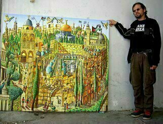 Raphael Perez  Israeli Painter , 'Jerusalem Naive Painting ...', 2010, original Painting Acrylic, 150 x 150  x 4 cm. Artwork description: 3828  jerusalem naive painting israeli painter raphael perez  holly place jew jews painters artists artists gallery galleries picture pictures image images ...
