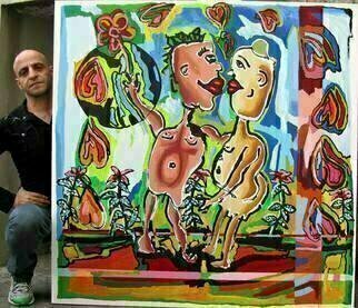 Raphael Perez  Israeli Painter , 'Paint Like A Child Raphae...', 2017, original Painting Acrylic, 120 x 120  cm. Artwork description: 1758 Article about Raphael Perez homosexual gay art paintingsPride and Prejudice on Raphael Perezs ArtworkRaphael Perez, born in 1965, studied art at the College of Visual Arts in Beer Sheva, and from 1995 has been living and working in his studio in Tel Aviv.  Today Perez ...