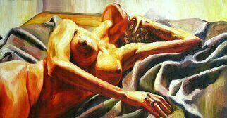 Raphael Perez  Israeli Painter , 'Painting Of Nude Woman On...', 2016, original Painting Acrylic, 100 x 50  x 3 cm. Artwork description: 3138    erotic art,  male female nude.  naked couple, erotic  painting . erotic aritst, man woman painting, couple paintings,          ...