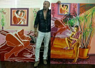 Raphael Perez  Israeli Painter , 'Red Painting Erotic Art', 2017, original Painting Acrylic, 100 x 170  cm. Artwork description: 1758 red painting erotic art ...