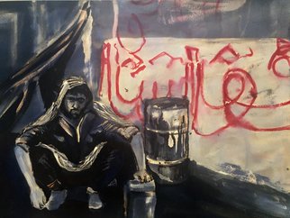Alison Raimes; The Long Wait, 2018, Original Painting Oil, 23.4 x 16.5 inches. Artwork description: 241 Refugee, Jungle, Crisis, migrant, exile, Calais, Dunkirk, camp...