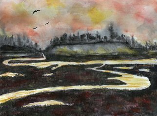 Randy Sprout; Back Bay After Sunset, 2019, Original Painting, 12 x 9 inches. Artwork description: 241 Sumi Ink with Water Colors...