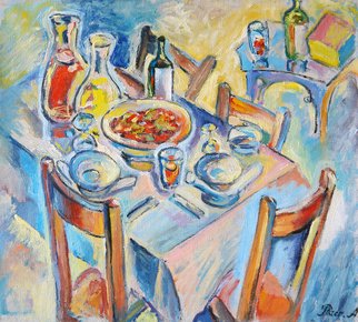 Anatoly Raspopov; Trattoria, 1994, Original Painting Oil, 45 x 50 cm. Artwork description: 241   a still life  with an atmosphere of a medeterranian cafe full of light and love for life  ...