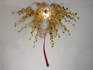 Ed Pennebaker; Chandelier Number 366, 2006, Original Glass Blown, 36 x 33 inches. Artwork description: 241 Will take commission to make similar works.  106 individual glass pieces assembled on a metal armature with 2 light bulbs.  Knobby curlies in Amber, Smoke, Opal with Red Droplet. ...