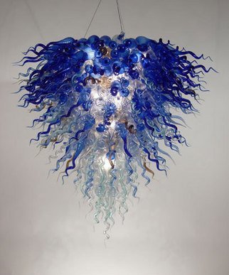 Ed Pennebaker; Chandelier Number 392, 2006, Original Glass Blown, 51 x 47 inches. Artwork description: 241 Can take commissions to make similar works.   505 individual blown glass pieces assembled on a metal armature with 12 light bulbs.  All pointed curlies in cobalt, light cobalt, light blue, near clear, smoke. ...