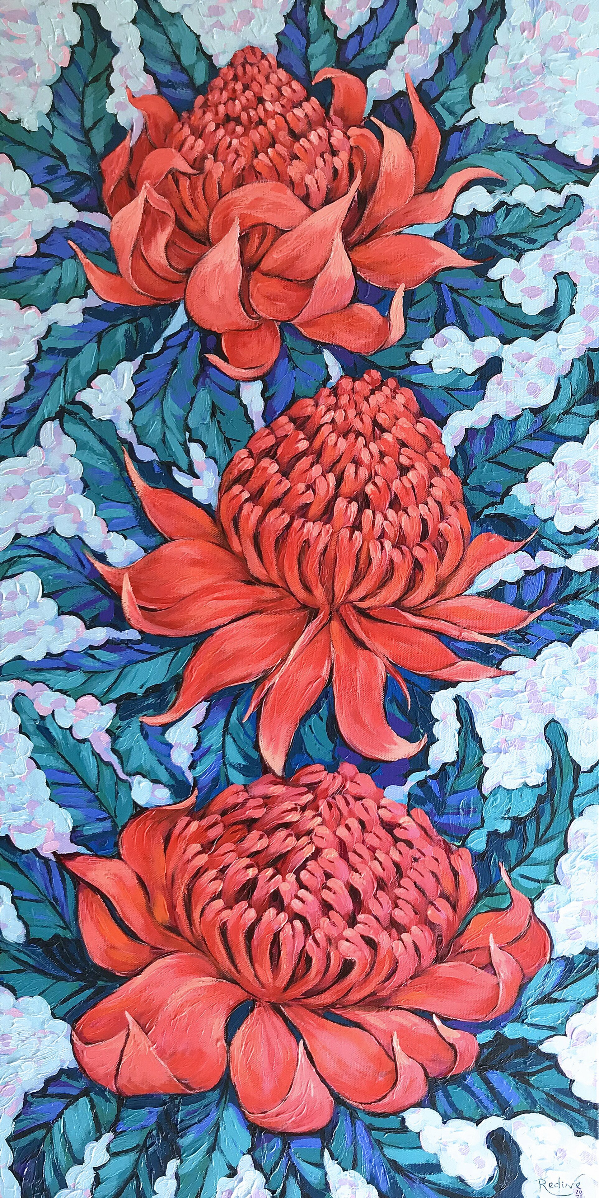 Irina Redine; Waratah Flowers, 2021, Original Painting Acrylic, 18 x 36 inches. Artwork description: 241 Waratah flowers aEUR