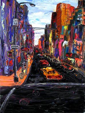 Arthur Robins; CITY OF JAGGED DREAMS, 2016, Original Painting Oil, 30 x 40 inches. Artwork description: 241    EXPRESSIONISM, ABSTRACT, COLORFUL, RICH COLORS, JOYFUL,  FIGURATIVE, DOG, MAN, MOUNTAINS, SUMMER, FLOWERS, SUNLIGHT, TREES, SURREAL, CITYSCAPE, CARS, BUILDINGS, STREET, NEW YORK CITY, NEW YORK ART, TIMES SQUARE.  ...