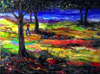 Arthur Robins; SUMMER HIKE WITH WARM BREEZE, 2007, Original Painting Oil, 36 x 48 inches. Artwork description: 241 EXPRESSIONISM, ABSTRACT, COLORFUL, RICH COLORS, JOYFUL, FIGURATIVE, DOG, MAN, MOUNTAINS, SUMMER, FLOWERS, SUNLIGHT, TREES, SURREAL ...