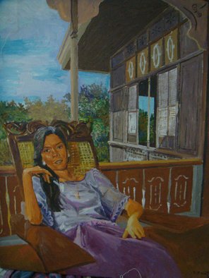 Reynaldo Gatmaitan; The Woman In The Balcony, 2010, Original Painting Oil, 24 x 28 inches. Artwork description: 241  A filipina sitting in the balcony of ancestral house, very few still existing. I want to reseverve them in my paintings. ...