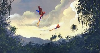 Rigel Sauri; Flying Macaws, 2021, Original Painting Acrylic, 140 x 76 cm. Artwork description: 241 Large size, original, unique, fine art piece. View of a caribbean tropical forest at sunset with flying macaws. Macaws are naturally found in the Yucatan peninsula and most of the jungles and tropical forests of central america. Executed on artisan, handmade recycled, thick paper sheet with rough ...