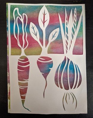 Riley Young; Root Vegetables, 2022, Original Paper, 5 x 7 inches. Artwork description: 241 Papercut overlay with watercolor painted background. ...