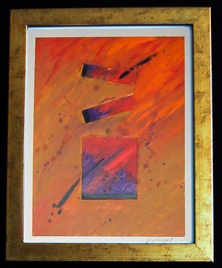 Robert Davis; Beams, 2002, Original Painting Acrylic, 12 x 15 inches. Artwork description: 241 One in a series of geometrical abstracts on illustration board using vibrant primary and secondary colors, in this case reds, purples and golds, accented with splashes of black.  Three collage layers add additional color, interest and depth.  Wood frame is finished in gold foil patina. ...