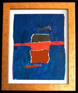 Robert Davis; Blushed, 2003, Original Painting Acrylic, 13 x 16 inches. Artwork description: 241 One in a series of abstracts on illustration board that explore my interest in how colors affect one another and the viewer.  In this painting a red band bisects a blue- black background.  Four torn- paper collage layers in rust and black add texture, color, interest and ...