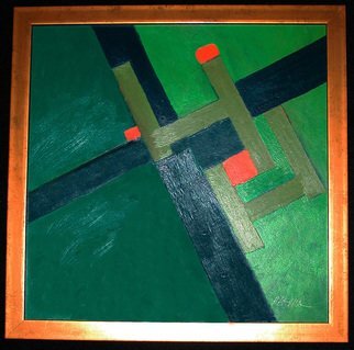 Robert Davis; Working, 1979, Original Painting Acrylic, 18 x 18 inches. Artwork description: 241 Asymmetric abstract on illustration board explores my interest in color and shape and how they influence one another and the viewer.  In this painting two triangles of different greens are overlaid with angled bars of black and a third shade of green, and accented with three squares ...
