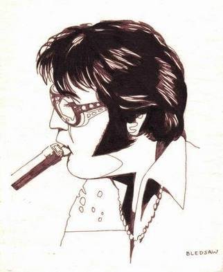Robert Bledsaw; Elvis Presley At The Micr..., 1980, Original Drawing Pen, 6 x 8 inches. Artwork description: 241 Inked line drawing of Elvis Presley, on regular white paper....