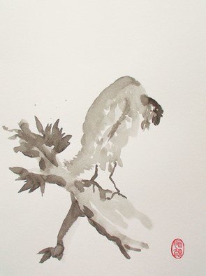 Roberto Prusso; Mountain Cuckoo Eating A Worm, 2010, Original Painting Ink, 9 x 12 inches. Artwork description: 241   Original on 140 lb Strathmore paper: brush/ Ink.  Sumi- e. Shin- hanga.    ...