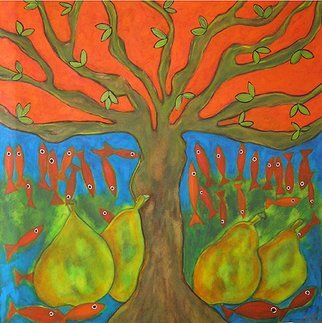 Roberto Rossi; Fish And Pears, 2000, Original Painting Acrylic, 150 x 150 cm. Artwork description: 241 The artist s vision determines his path . . . Fish and pears live with the tree and its connections with the universe . . . . in their tireless strong colors that harmonize perfectly, fish fly as fruits make up on the ground. Blue keeps the secret where it carries the fish . . . ...