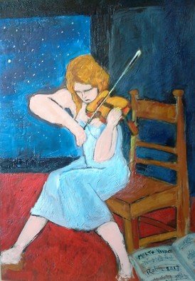 Roberto Trigas; Molto Vivace, 2017, Original Painting Encaustic, 2 x 58 cm. Artwork description: 241 Violinist playing under a starry sky...