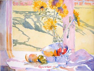 Roderick Brown; By The Window, 2003, Original Watercolor, 24 x 18 inches. Artwork description: 241 A bright sunny late autumn morning gave me an opportunity to capture the light in this still life of flowers and vegetables by the window. The abstract pattern of the shadows on the grass outside caught my eye and I wove these into the painting such that ...