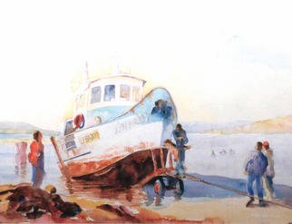 Roderick Brown, 'In For Repairs', 1993, original Watercolor, 24 x 18  inches. Artwork description: 3138 Albany is a beautiful port on the southern coast of Western Australia and serves both fishing and agricultural industries. Oyster Harbour is a sheltered bay where the fishing boats dock to unload and come in for repair. A fishing boat being hauled out of the water gave ...