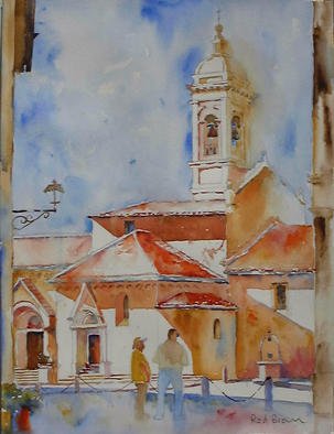 Roderick Brown, 'La Collegiata', 2001, original Watercolor, 12 x 16  inches. Artwork description: 2793 San Quirico is a beautiful walled town in Tuscany, Italy. One of the churches, La Collegiata, has its origins dating back some 800 years. The mid morning light striking the church created a striking scene for me to paint on may visit there in 2001 ...