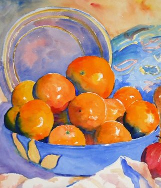 Roderick Brown, 'Oranges In Blue Bowl', 2004, original Watercolor, 12 x 16  x 1 inches. Artwork description: 2448  When visiting my local store I saw some beautiful new season washington navel oranges. They were so large and vibrant in colour that I had to take them home for a still life composition. I took the opportunity to add some freshly baked Italian bread and some ...