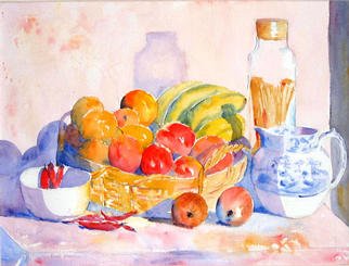 Roderick Brown, 'Ready To Eat', 2003, original Watercolor, 24 x 18  x 2 inches. Artwork description: 2793 A bowl of fresh fruit some vegetables and a jar of spaghetti bathed in bright sunlight from an adjacent window is the scene in this still life. I loved the vibrant colours of the fruit in the basket and set out to capture this. ...