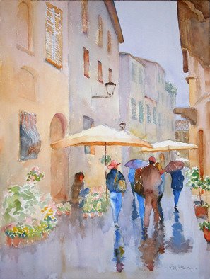 Roderick Brown, 'Showers And Flowers', 2008, original Watercolor, 18 x 24  x 0.1 inches. Artwork description: 2103  Pienza in Tuscany spring rains dampen the flower sellers market ...