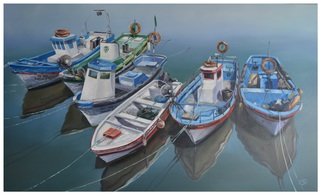 Roman Markov; Fishing Boats In The Alga..., 2013, Original Painting Oil, 100 x 60 cm. Artwork description: 241  << Os barcos>> , pintor Roman Markov, Portugal, Algarve, Faro, Fishing boats at a mooring    ...