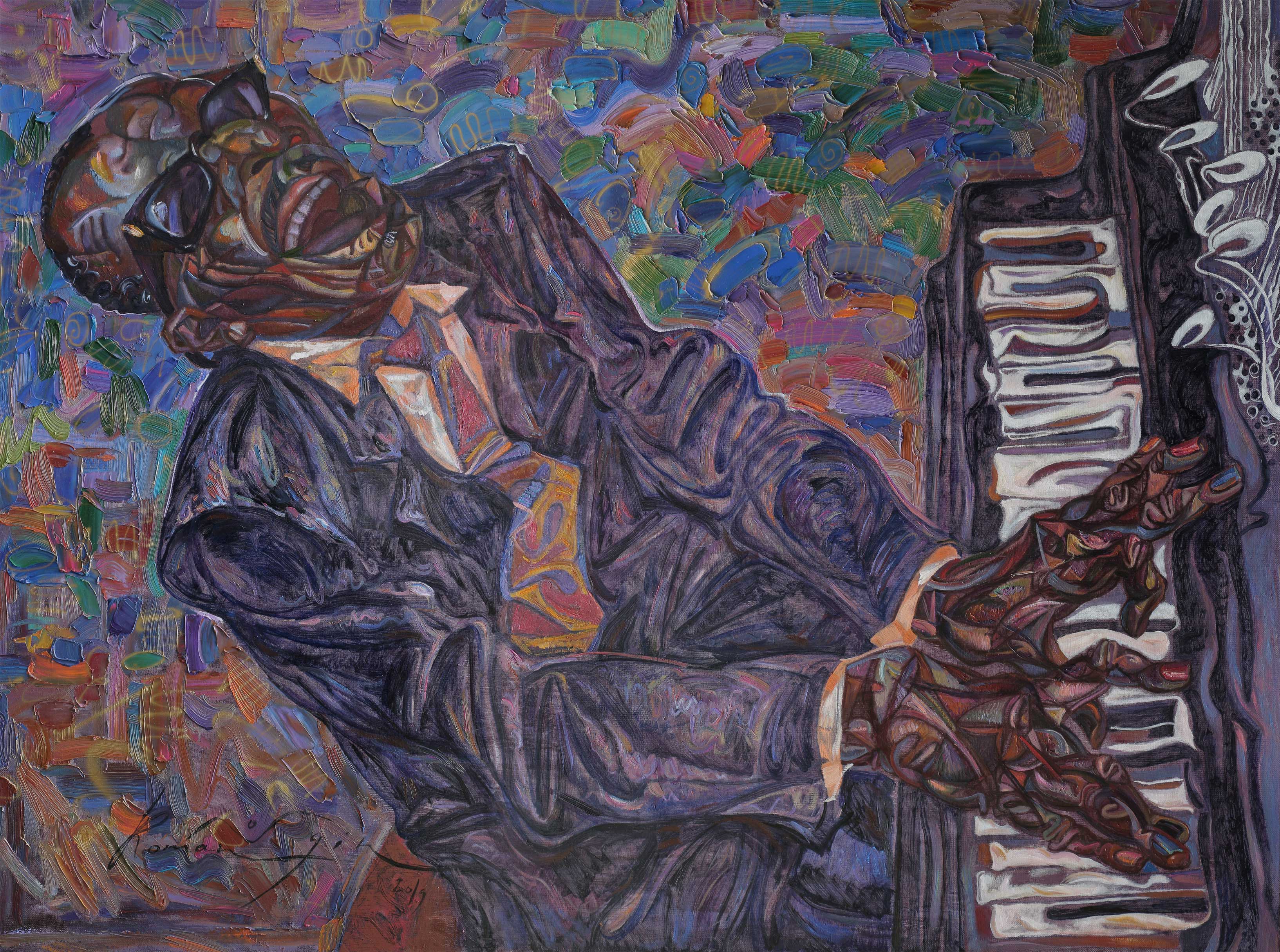 Roman Nogin; Ray Charles, 2020, Original Painting Oil, 115 x 85 cm. Artwork description: 241 Series aEURJazz PeopleaEURThis series includes compositions of various typesPortraits, Compositions Of Several Figures, Decorative And Abstract Compositions From Musical Instruments , But United By One Theme - The Music Of Jazz.The Main Concept of all these paintings isto express the music of Jazz through color, plastic lines ...