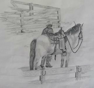 Ronald Lunn; Lets Hit The Trail, 2009, Original Drawing Pencil, 14 x 18 inches. Artwork description: 241 Western, Western Rider, Cowboy, Trail, Horse, Equine, Saddle- up, self- portrait, Jessi, Farm hand, ...