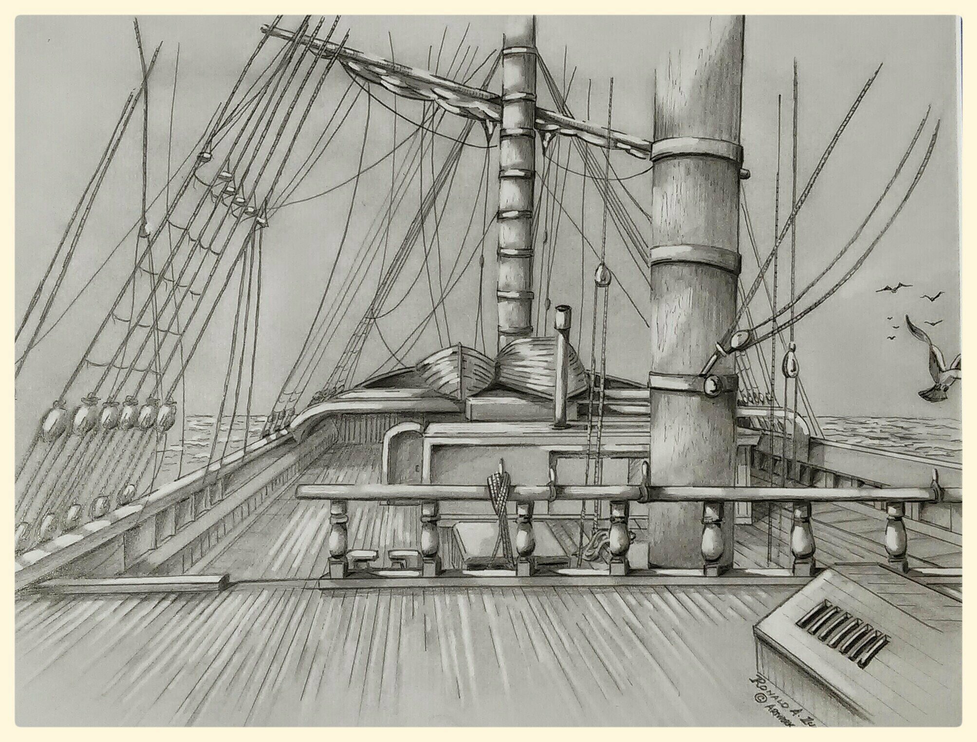Ronald Lunn; Looking Aft, 2009, Original Drawing Pencil, 18 x 14 inches. Artwork description: 241 Pencil drawing of a ships deck, looking aft. 14 x 18 pencil on paper, framed under glass.  Signed by the artist. 100 hand drawn original artwork. i? 1/2 Copyright Artwork By Ronald Lunn This piece is for sale.  Please feel free to contact the artist directly regarding this or ...