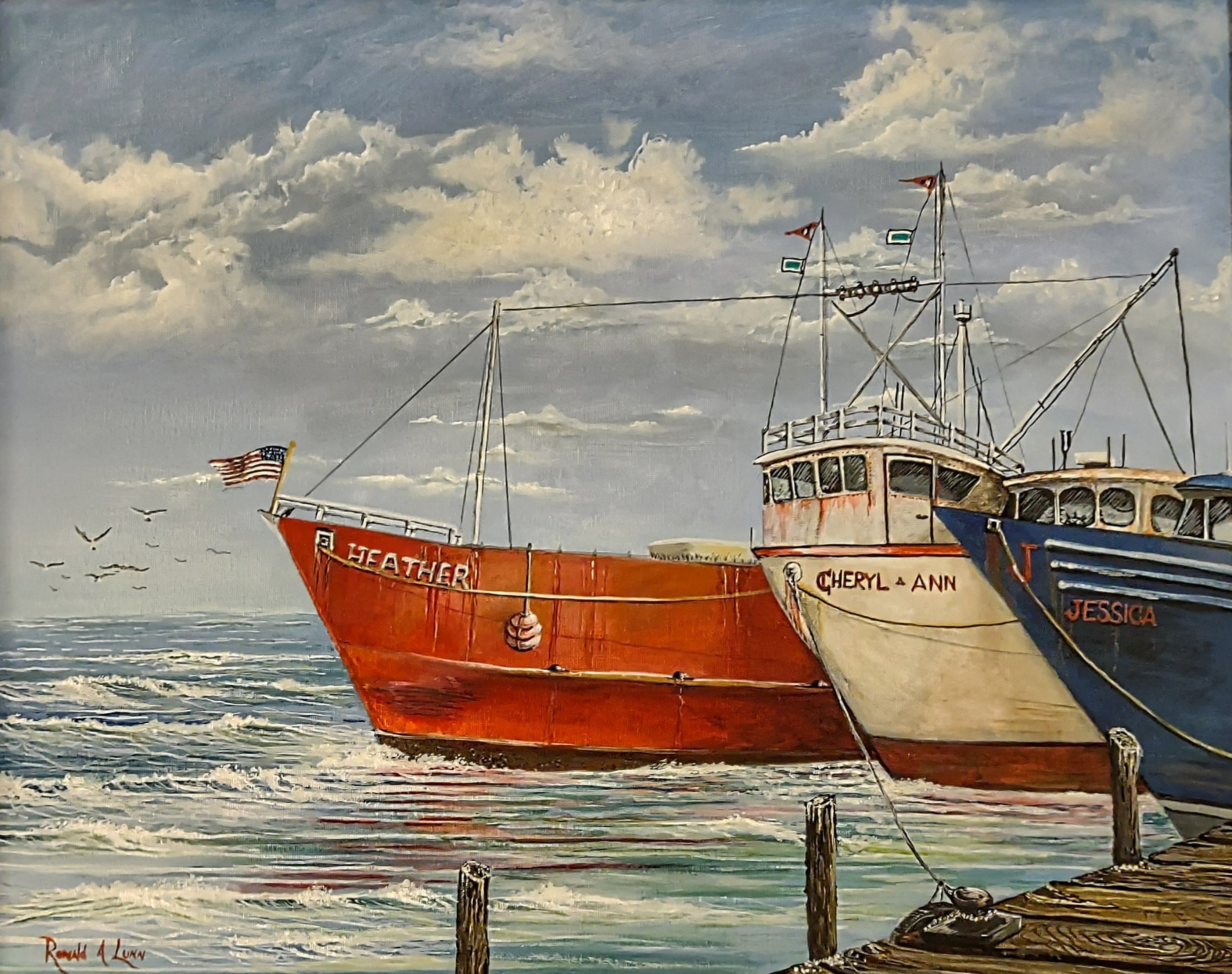 Ronald Lunn; My Three Ladies, 2019, Original Painting Oil, 20 x 16 inches. Artwork description: 241 This oil painting was done Plein Aire, seeing three boats anchored along a pier on the NC coast.  I change only the colors and names, colors for our flag, and names for our daughters.  Ronald Lunn fine art, Raleigh Artist,  Benson artist, NC Artist, Buy Art, Original ...