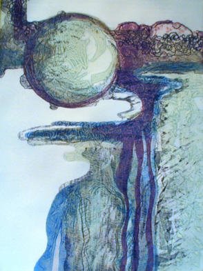 Rosalyn M. Gaier, 'Other Worldly', 2001, original Printmaking Etching, 24 x 28  inches. Artwork description: 1911 Collagraphetching. The first printing was the pale blue background, rolled onto an unetched zinc plate. The next three plates were collages, and the final plate was an etched zinc plate. I see an unexplored planet in this image as easily as I see a new microscopic discovery...