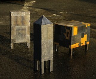 Reiner Poser; Three Cases In Lead, 2008, Original Sculpture Mixed, 210 x 80 cm. Artwork description: 241  There are three cases made in wood and covered with lead sheets. Each of them has is own mould. There is for example one tower- like, the second is like an upright book and the third looks like a home altar. . . Wath the video under: