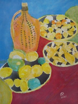 Reiner Poser; Fruits And Bottle, 2021, Original Watercolor, 30 x 40 cm. Artwork description: 241 I arranged some kitchen pieces with fruits and a bottle in the background and tried to paint it in harmonic colours on streched canvas. ...