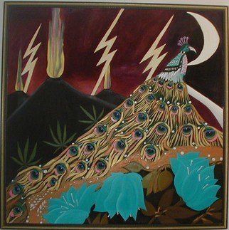 Cathy Dobson, 'Burning Volcanos', 1991, original Painting Oil, 48 x 48  x 1 inches. Artwork description: 2307   In The Wild Marijuana Collection.Partly primed and unprimed textured linen canvas with phosphorescent highlights that glow in the dark or under black lights. Peacock with blur roses and burning volcanos.Original Illuminated Oil Painting....