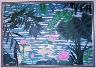 Cathy Dobson, 'Lily Pond', 1990, original Painting Oil, 72 x 48  x 1 inches. Artwork description: 1911 Phosphorescent trio of fishes swimming in a pond- oil painting.  Fish glow in the dark.  Beautifully framed.In the Wild Collection. ...