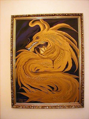 Cathy Dobson, 'Sea Serpent 1', 1990, original Painting Oil, 30 x 40  x 1 inches. Artwork description: 2307 One of a Set of two Original Oil Paintings of Golden Sea Serpent Water Dragons.His eyes and pearl in claws glow in the dark. Matching ornate carved gold wooden frames. Sold as a set only.Textured partly primed and unprimed linen canvas.Dragon Collection. $10,000 ...
