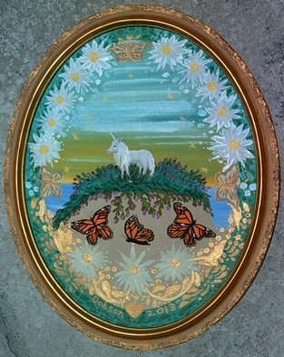 Cathy Dobson;  Magic, 2013, Original Painting Oil, 16 x 20 inches. Artwork description: 241 Original Illuminous Oval Oil Paintingfrom The Butterflies and Unicorns Collection.  With phosphorescent highlights that glow in the dark.Gold wooden frame....