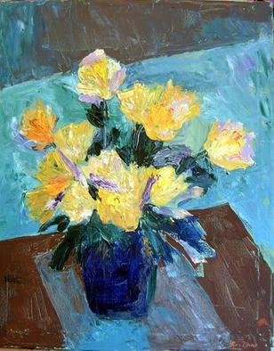 Roz Zinns, 'Roses In A Blue Vase', 2004, original Painting Acrylic, 20 x 16  x 1 inches. Artwork description: 4287 Yellow roses textured heavily with a painting knife.  Contemporary interpretation with blues and browns....